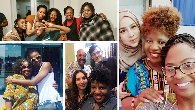Compilation of photos of people in the UK, smiling and hugging