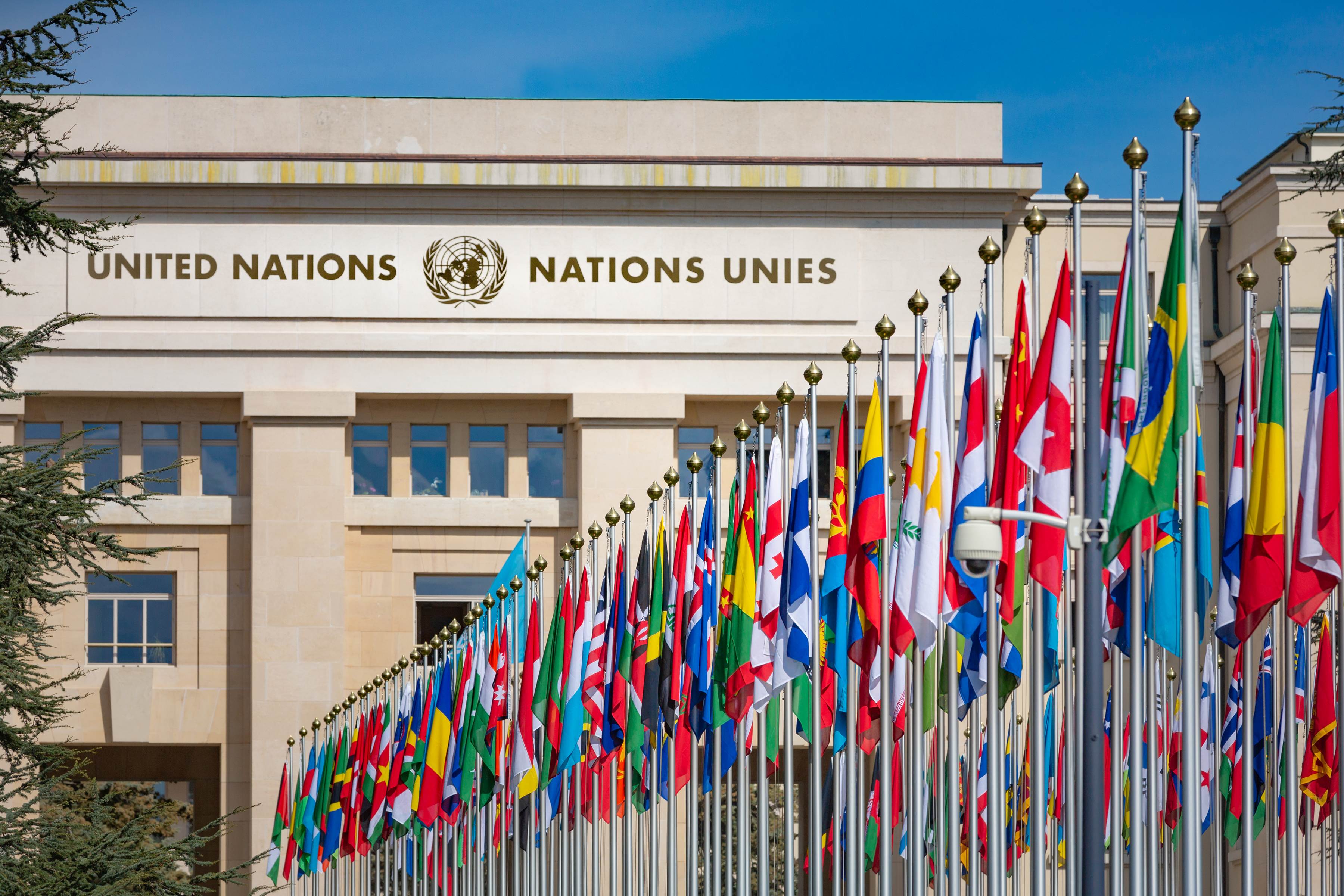 Outside United Nations headquarters in Geneva with country flags outside