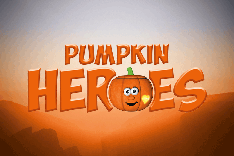 Title 'Pumpkin Heroes' with cartoon pumpkin character, Patch the Pumpkin