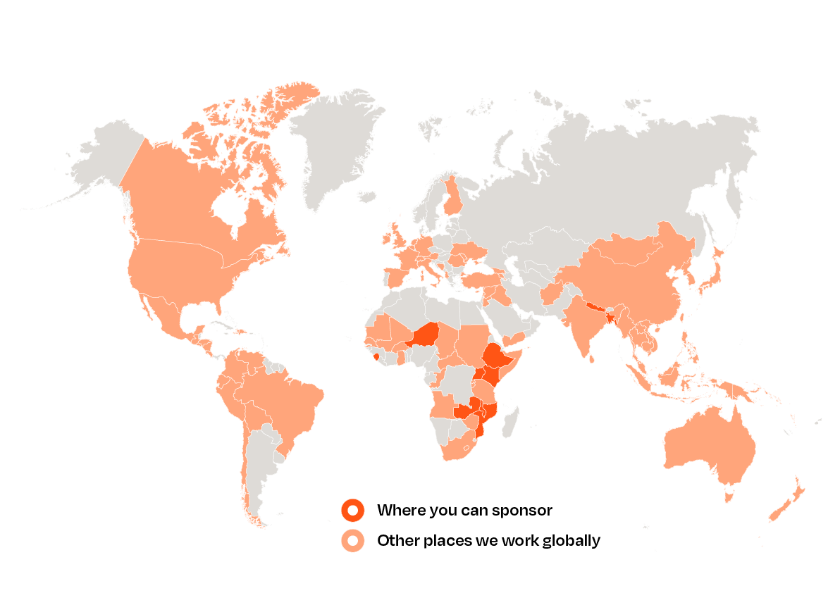map highlighting the countries where the World Vision Partnership works